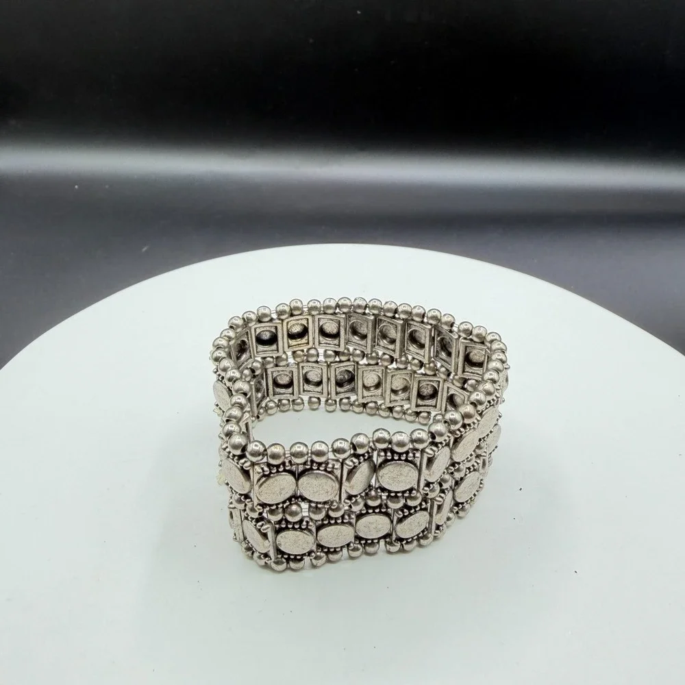 Silver Tone Chunky Stretch Bracelet Geometric Coin Bead Boho Statement Jewelry